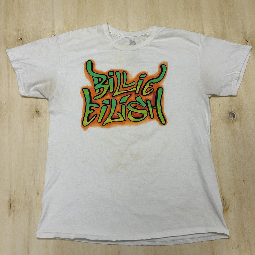 Billie Eilish Shirt Mens Large White Graffiti Logo Graphic Tee T-Shirt Music